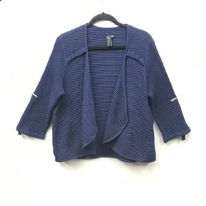 Focus Casual Life Blue Waffle Weave Cropped Open Cadigan Roll Tab Sleeve Size M